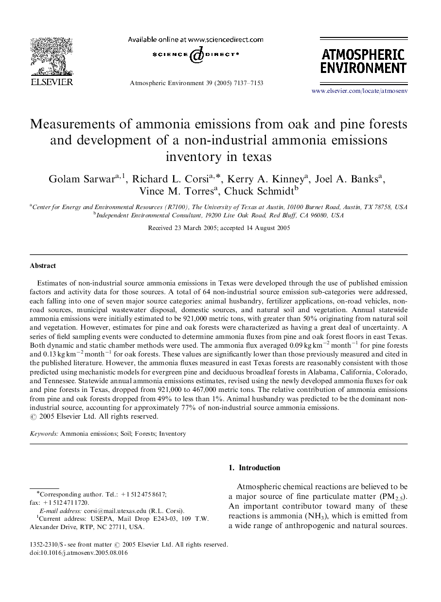 Measurements of ammonia emissions from oak and pine forests and development of a non-industrial ammonia emissions inventory in texas