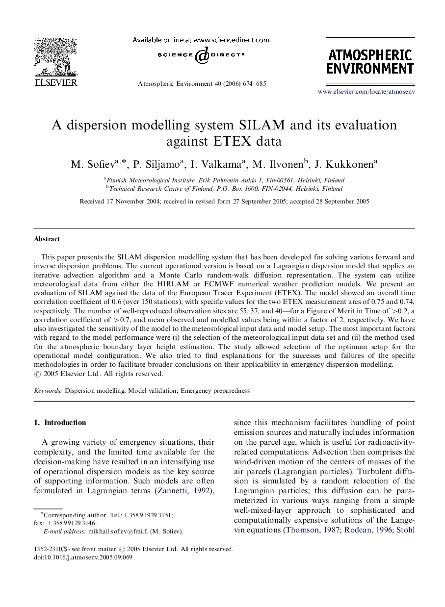 A dispersion modelling system SILAM and its evaluation against ETEX data