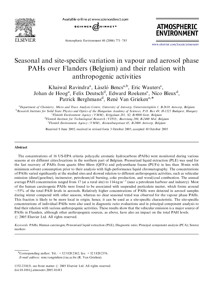 Seasonal and site-specific variation in vapour and aerosol phase PAHs over Flanders (Belgium) and their relation with anthropogenic activities