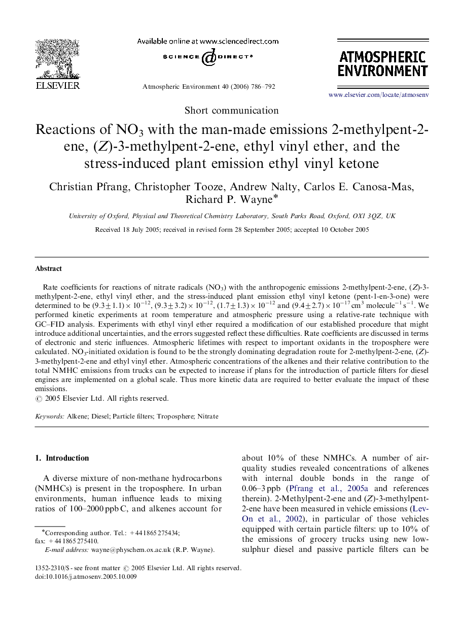 Reactions of NO3 with the man-made emissions 2-methylpent-2-ene, (Z)-3-methylpent-2-ene, ethyl vinyl ether, and the stress-induced plant emission ethyl vinyl ketone