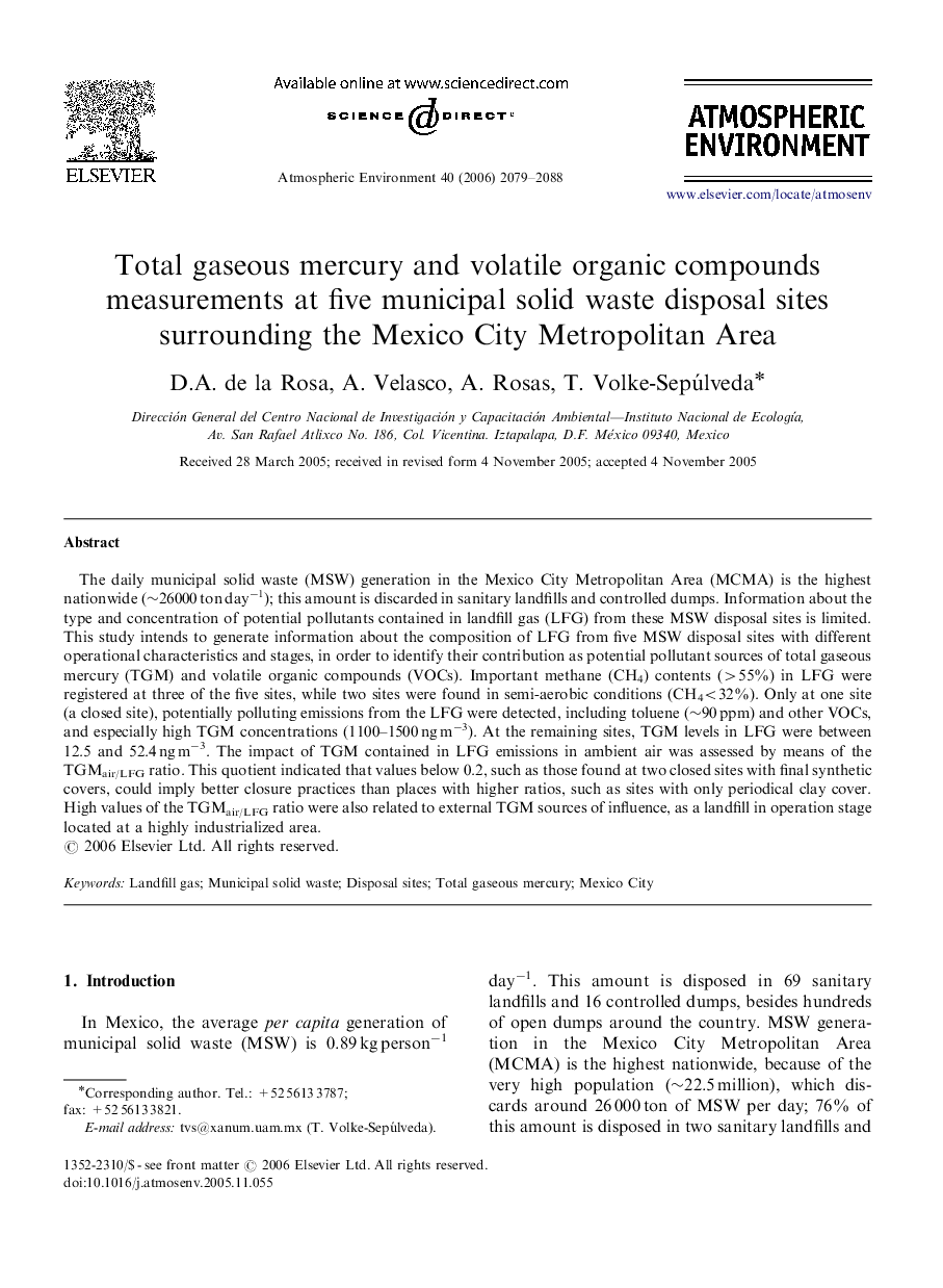 Total gaseous mercury and volatile organic compounds measurements at five municipal solid waste disposal sites surrounding the Mexico City Metropolitan Area