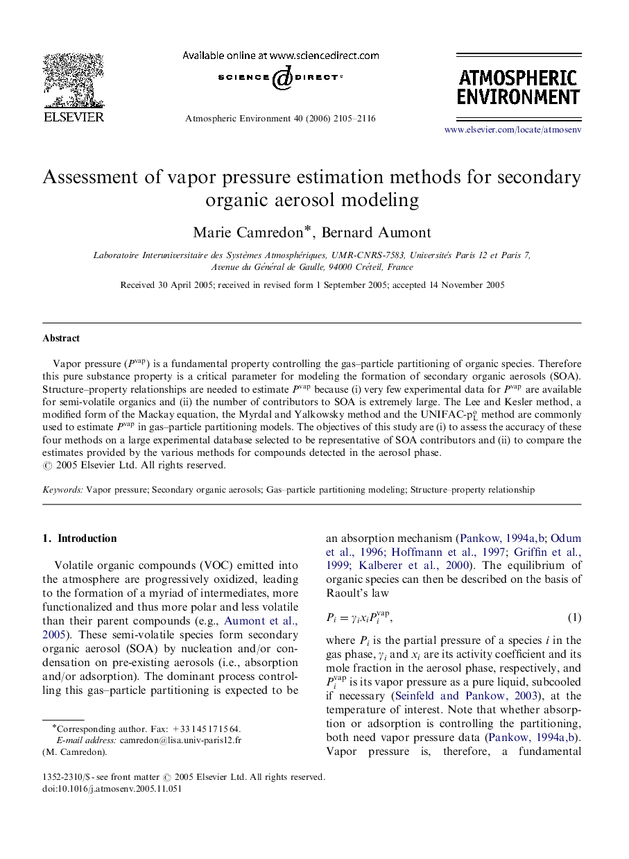 Assessment of vapor pressure estimation methods for secondary organic aerosol modeling