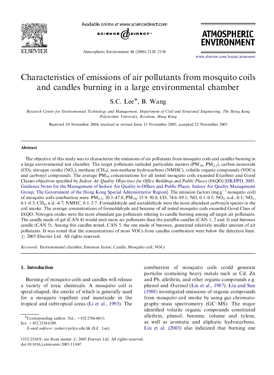 Characteristics of emissions of air pollutants from mosquito coils and candles burning in a large environmental chamber