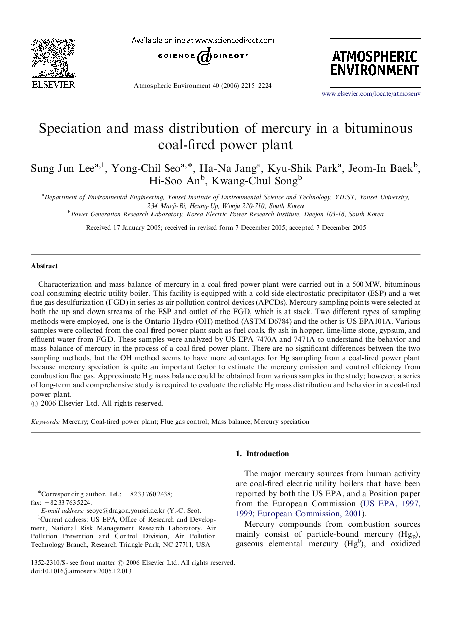 Speciation and mass distribution of mercury in a bituminous coal-fired power plant