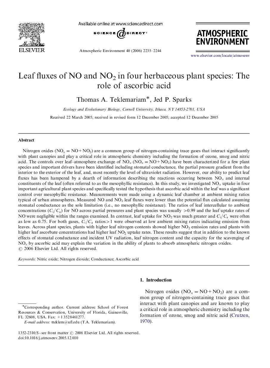 Leaf fluxes of NO and NO2 in four herbaceous plant species: The role of ascorbic acid