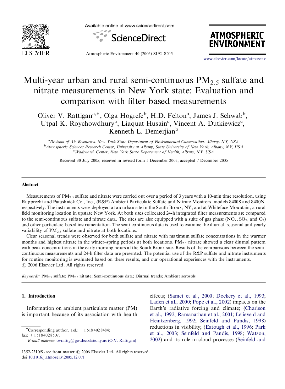 Multi-year urban and rural semi-continuous PM2.5 sulfate and nitrate measurements in New York state: Evaluation and comparison with filter based measurements