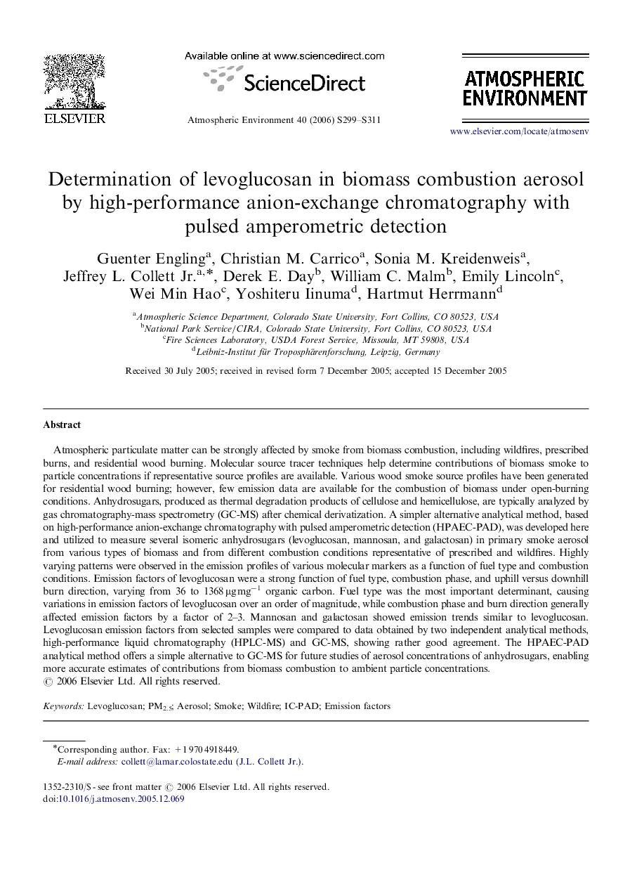 Determination of levoglucosan in biomass combustion aerosol by high-performance anion-exchange chromatography with pulsed amperometric detection