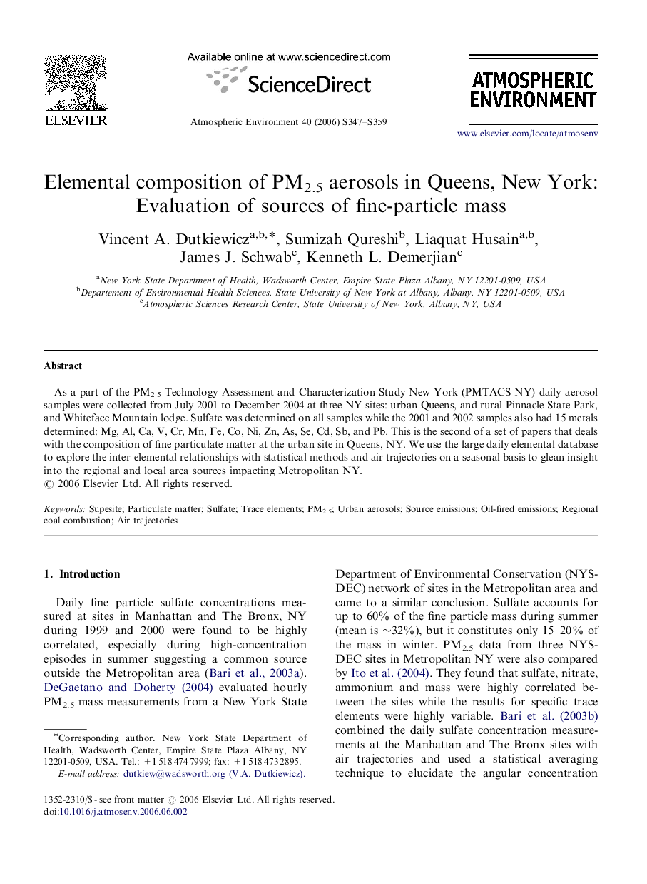 Elemental composition of PM2.5 aerosols in Queens, New York: Evaluation of sources of fine-particle mass