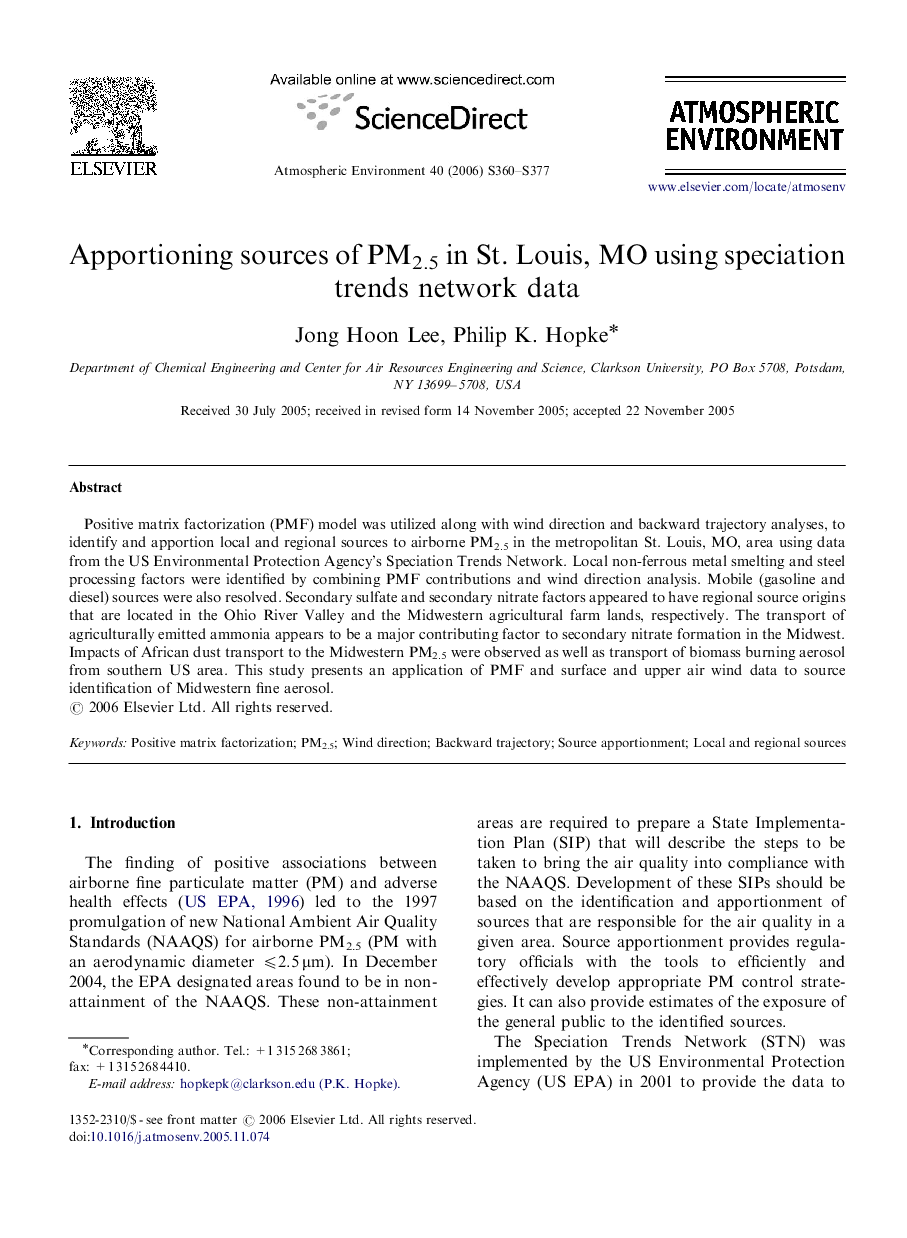 Apportioning sources of PM2.5 in St. Louis, MO using speciation trends network data