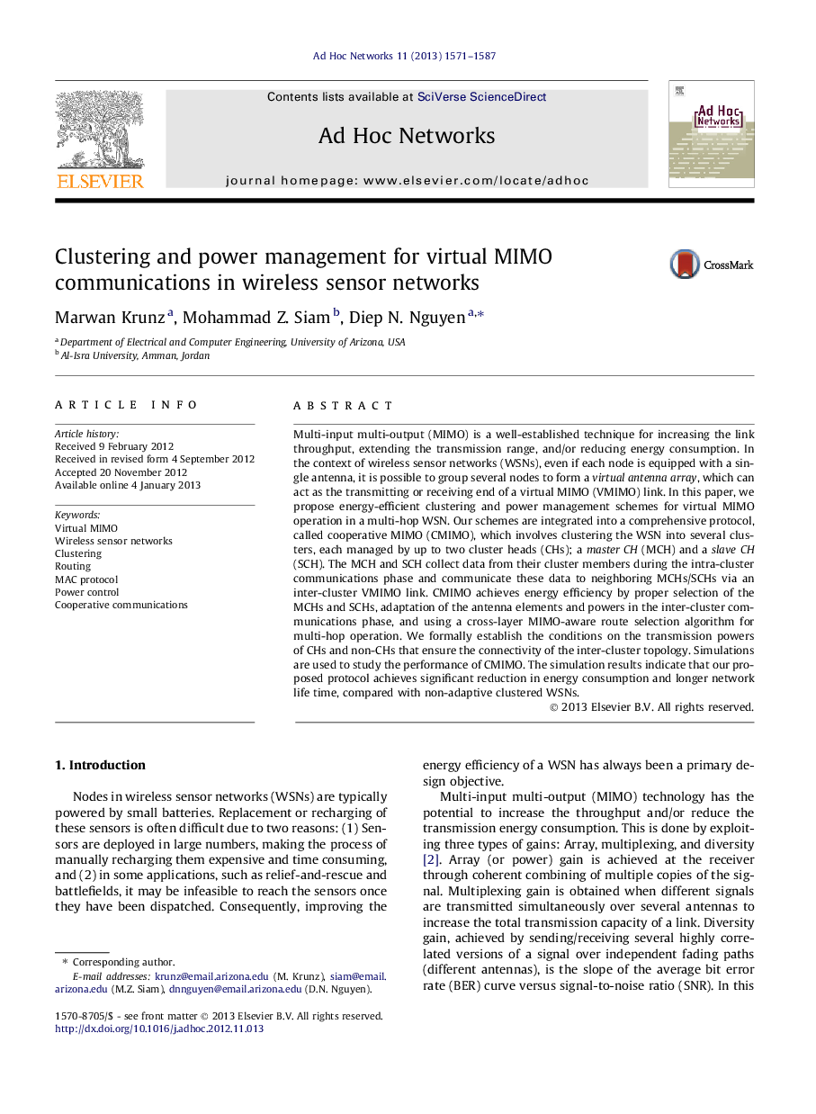 Clustering and power management for virtual MIMO communications in wireless sensor networks