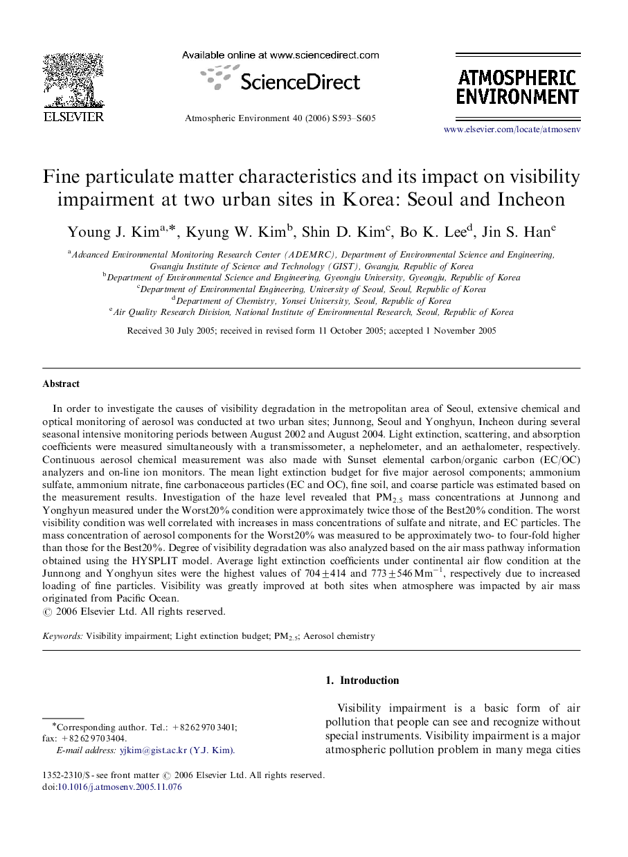 Fine particulate matter characteristics and its impact on visibility impairment at two urban sites in Korea: Seoul and Incheon