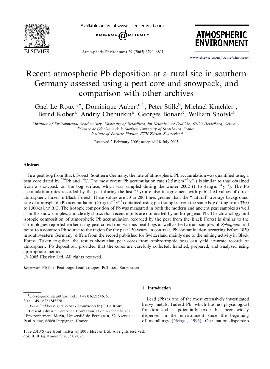 Recent atmospheric Pb deposition at a rural site in southern Germany assessed using a peat core and snowpack, and comparison with other archives