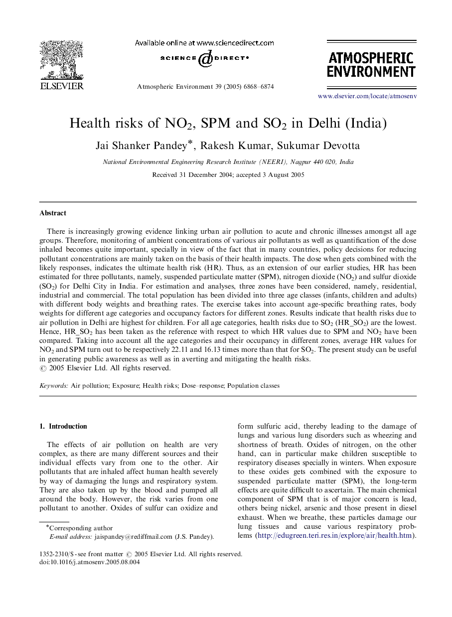 Health risks of NO2, SPM and SO2 in Delhi (India)