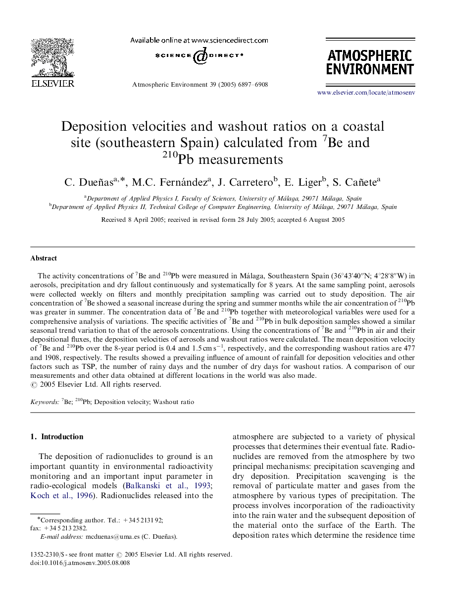 Deposition velocities and washout ratios on a coastal site (southeastern Spain) calculated from 7Be and 210Pb measurements