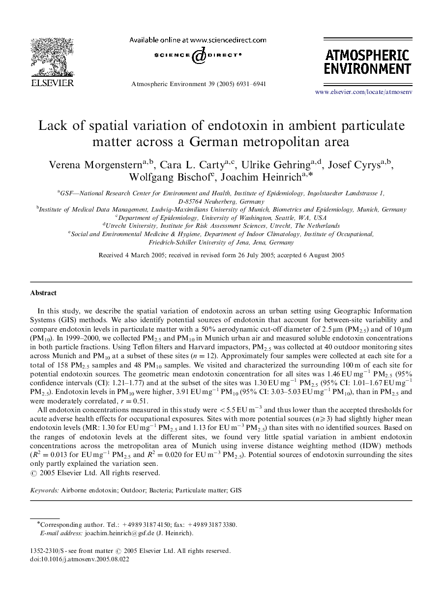 Lack of spatial variation of endotoxin in ambient particulate matter across a German metropolitan area