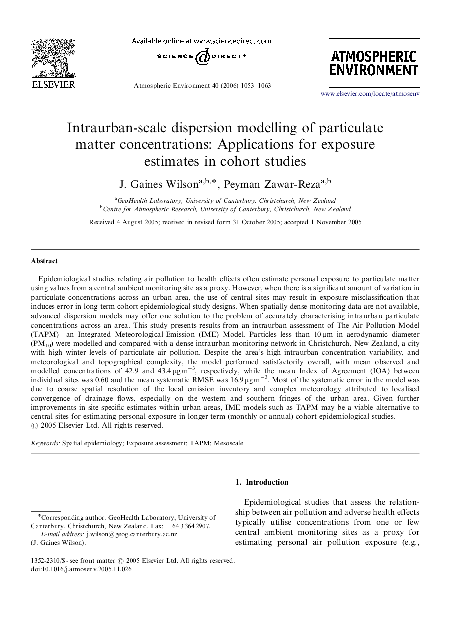 Intraurban-scale dispersion modelling of particulate matter concentrations: Applications for exposure estimates in cohort studies