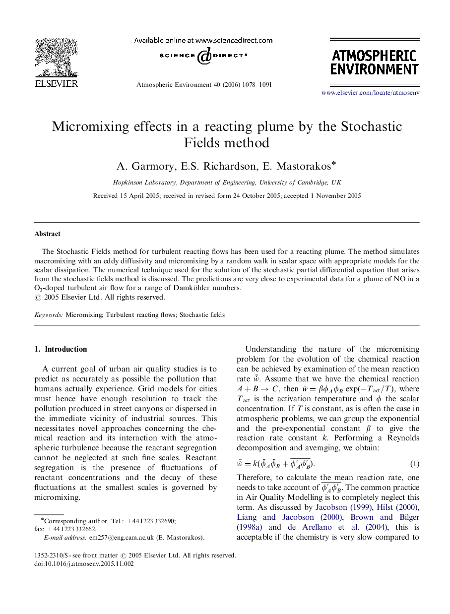 Micromixing effects in a reacting plume by the Stochastic Fields method