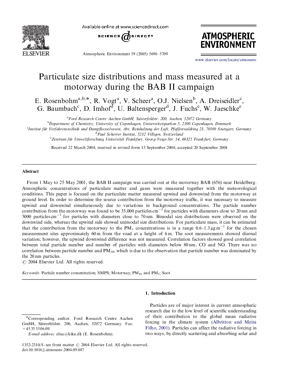 Particulate size distributions and mass measured at a motorway during the BAB II campaign