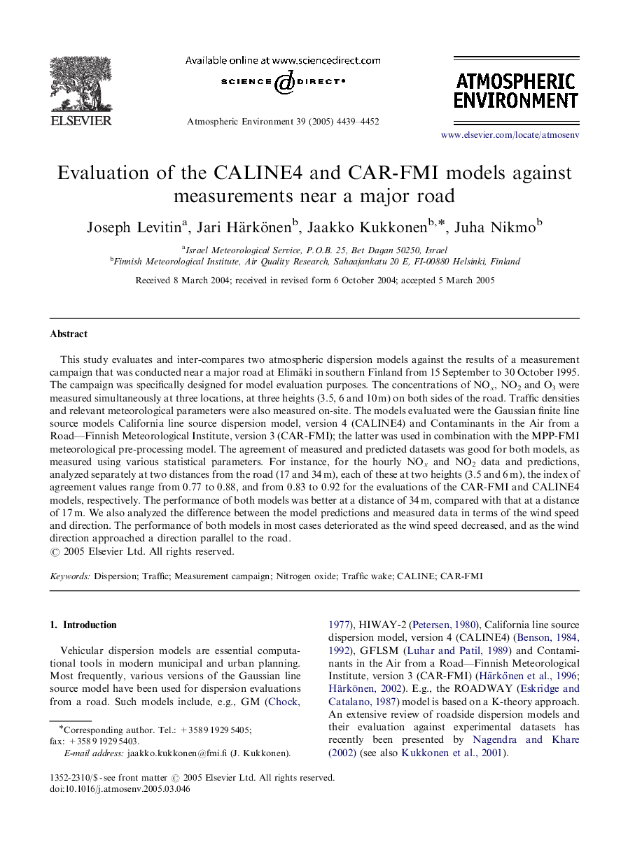 Evaluation of the CALINE4 and CAR-FMI models against measurements near a major road