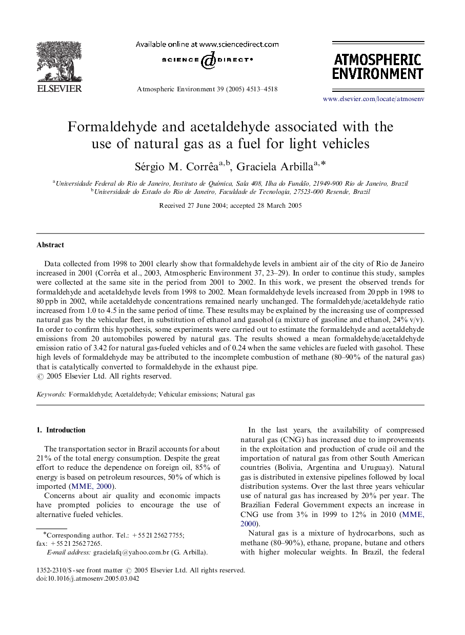 Formaldehyde and acetaldehyde associated with the use of natural gas as a fuel for light vehicles