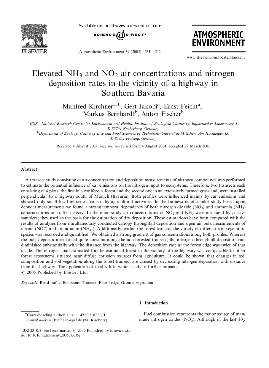 Elevated NH3 and NO2 air concentrations and nitrogen deposition rates in the vicinity of a highway in Southern Bavaria