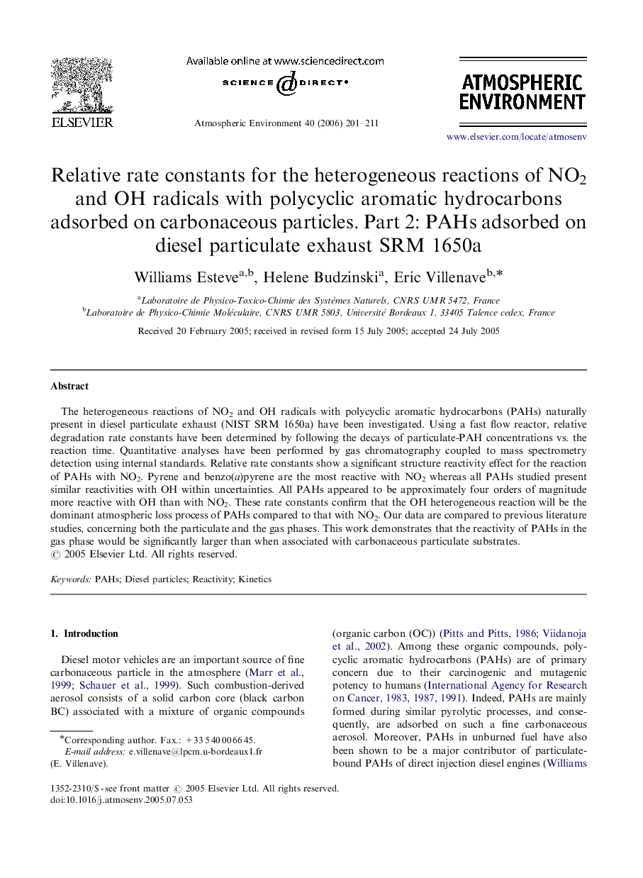 Relative rate constants for the heterogeneous reactions of NO2 and OH radicals with polycyclic aromatic hydrocarbons adsorbed on carbonaceous particles. Part 2: PAHs adsorbed on diesel particulate exhaust SRM 1650a