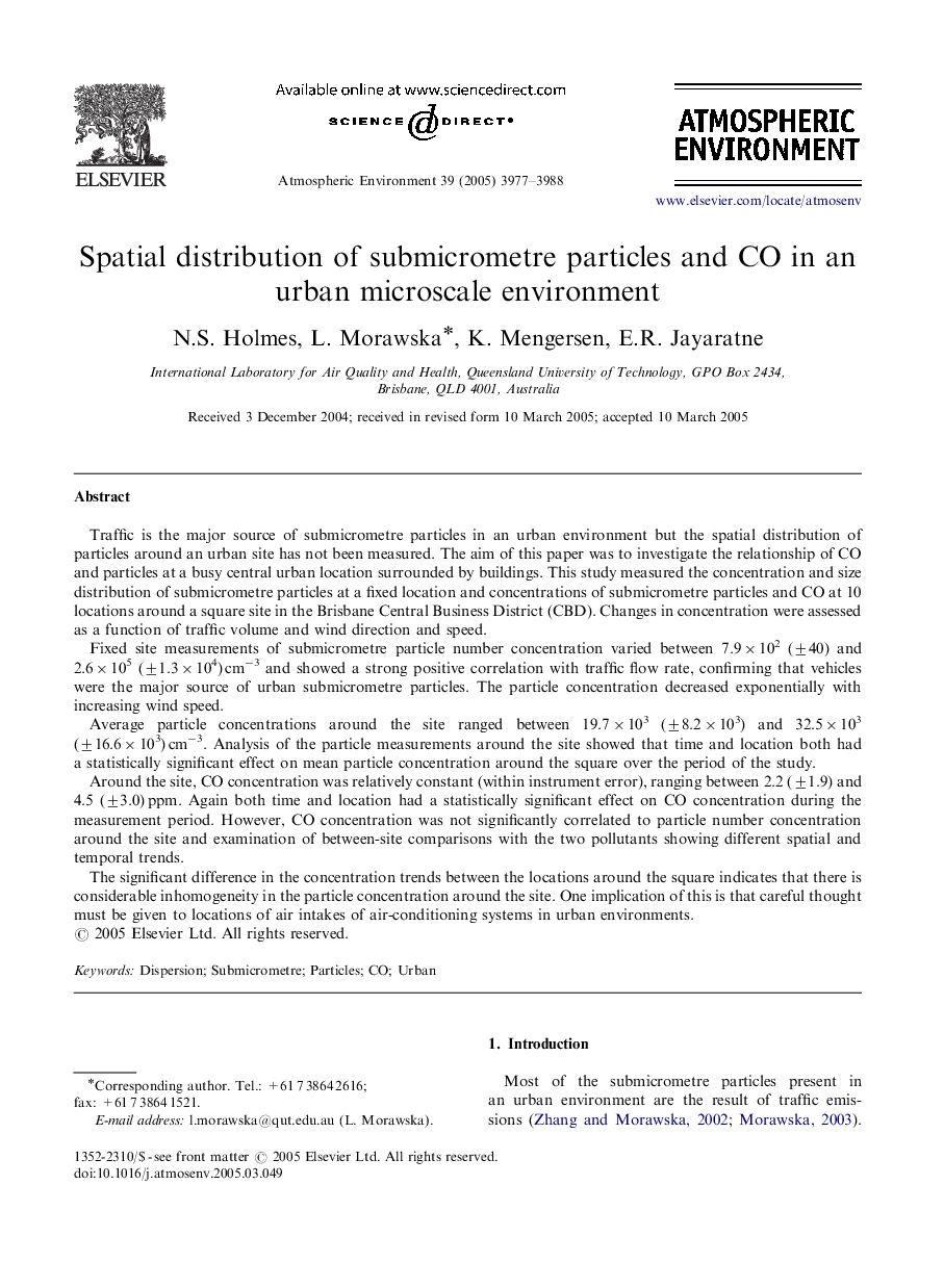 Spatial distribution of submicrometre particles and CO in an urban microscale environment