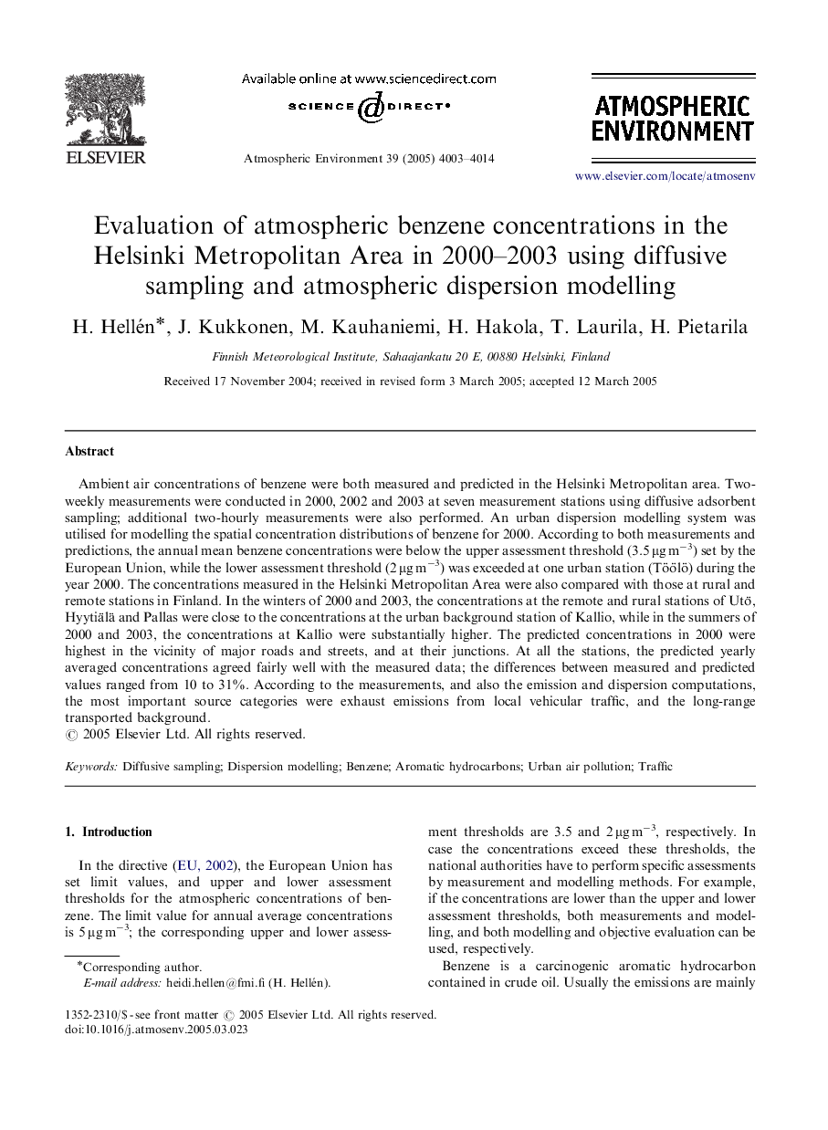 Evaluation of atmospheric benzene concentrations in the Helsinki Metropolitan Area in 2000–2003 using diffusive sampling and atmospheric dispersion modelling