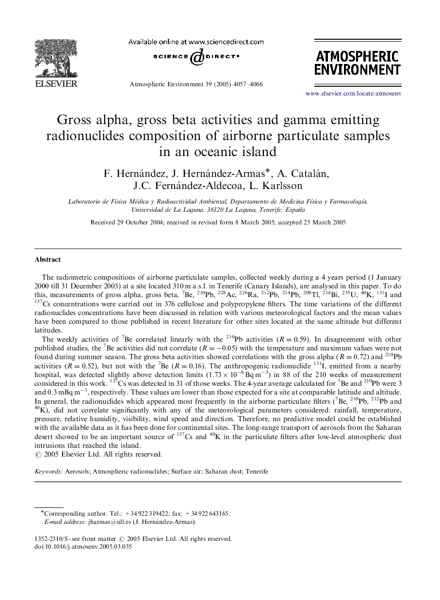 Gross alpha, gross beta activities and gamma emitting radionuclides composition of airborne particulate samples in an oceanic island