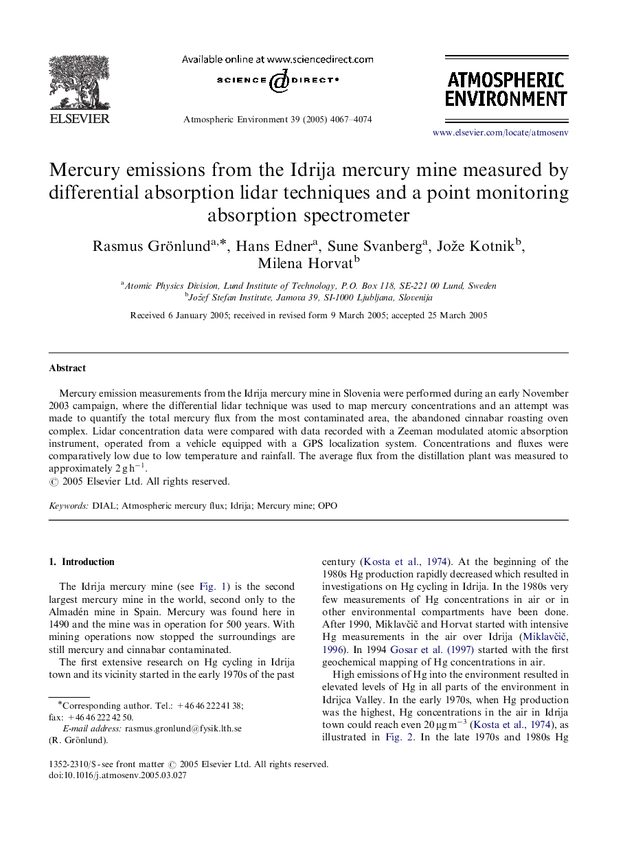 Mercury emissions from the Idrija mercury mine measured by differential absorption lidar techniques and a point monitoring absorption spectrometer