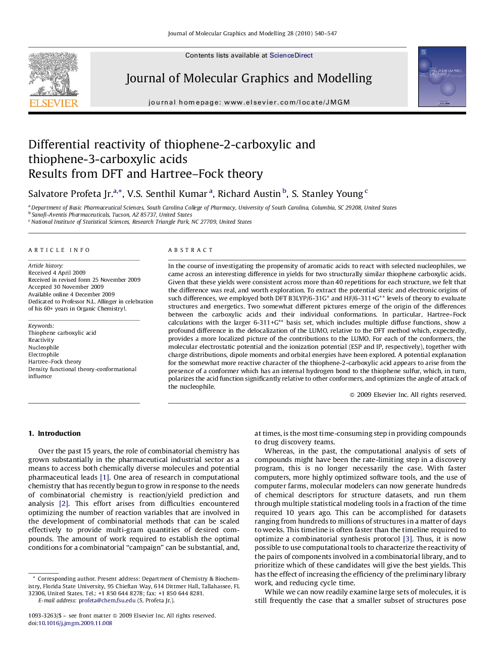 Differential reactivity of thiophene-2-carboxylic and thiophene-3-carboxylic acids: Results from DFT and Hartree–Fock theory