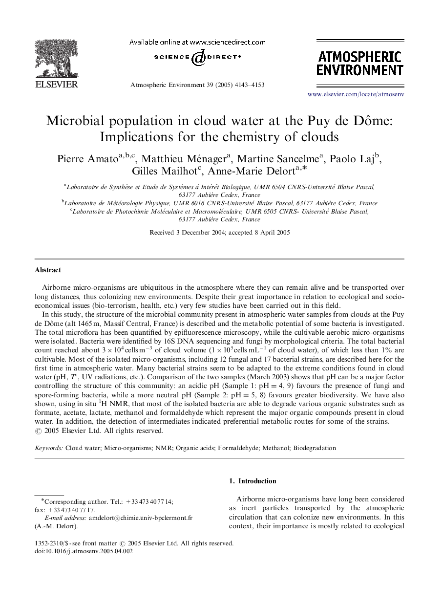 Microbial population in cloud water at the Puy de Dôme: Implications for the chemistry of clouds