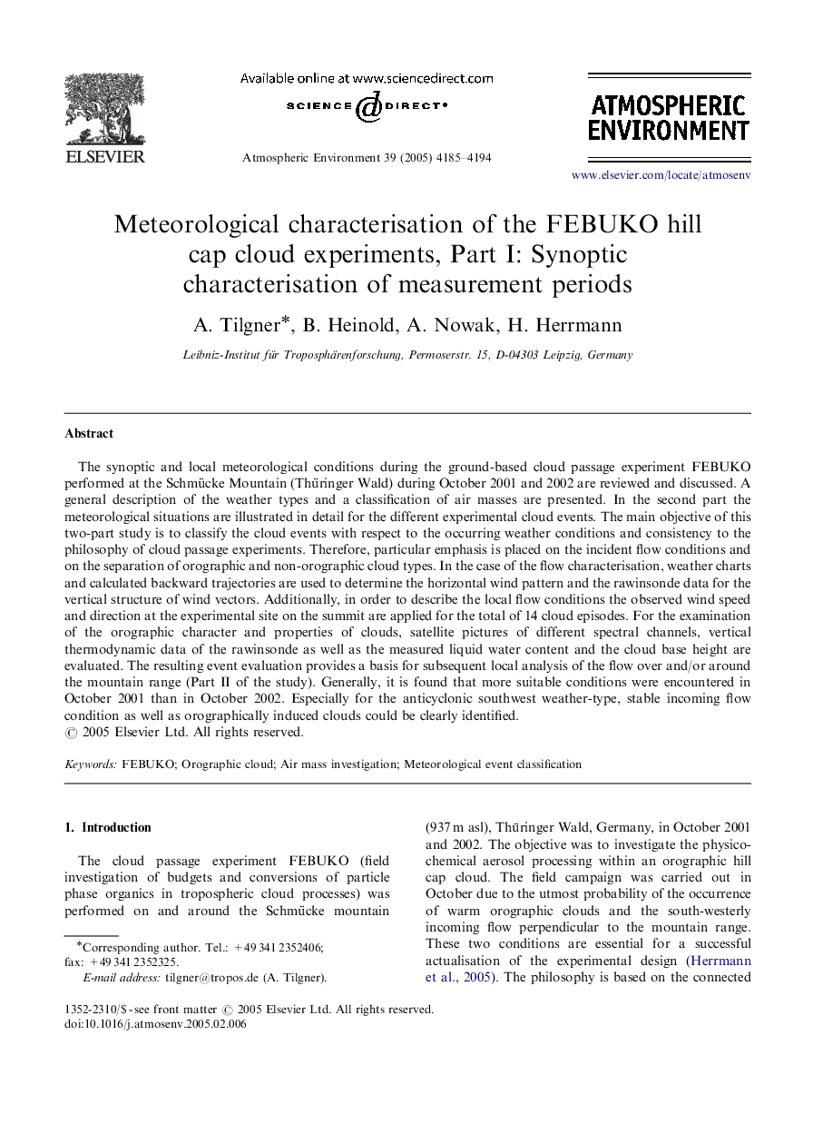 Meteorological characterisation of the FEBUKO hill cap cloud experiments, Part I: Synoptic characterisation of measurement periods