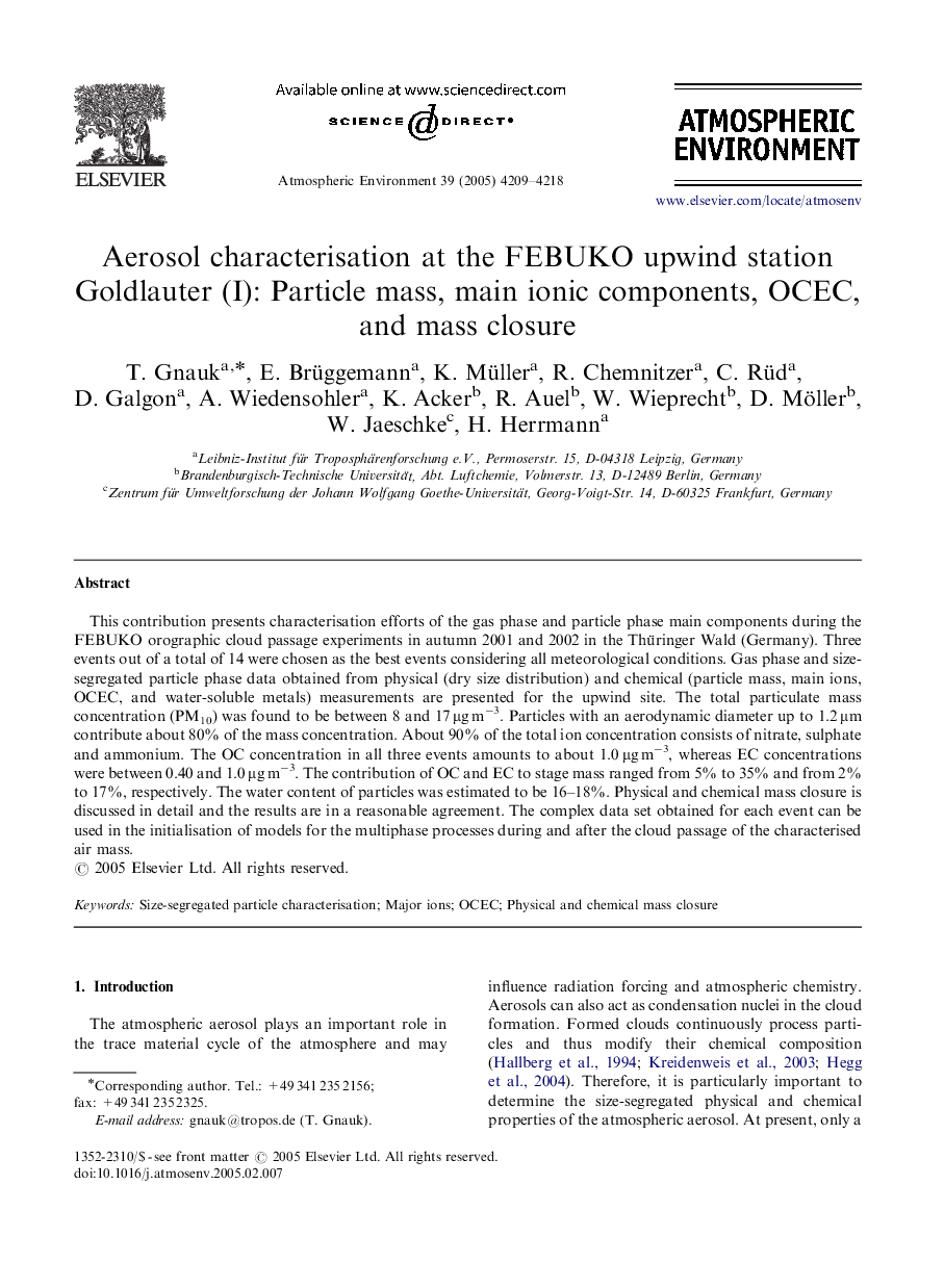 Aerosol characterisation at the FEBUKO upwind station Goldlauter (I): Particle mass, main ionic components, OCEC, and mass closure