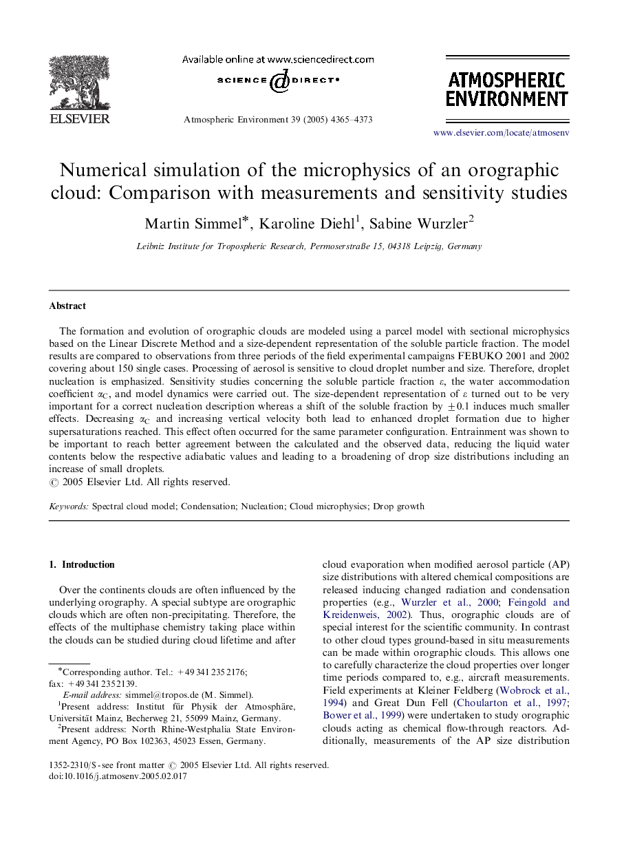 Numerical simulation of the microphysics of an orographic cloud: Comparison with measurements and sensitivity studies