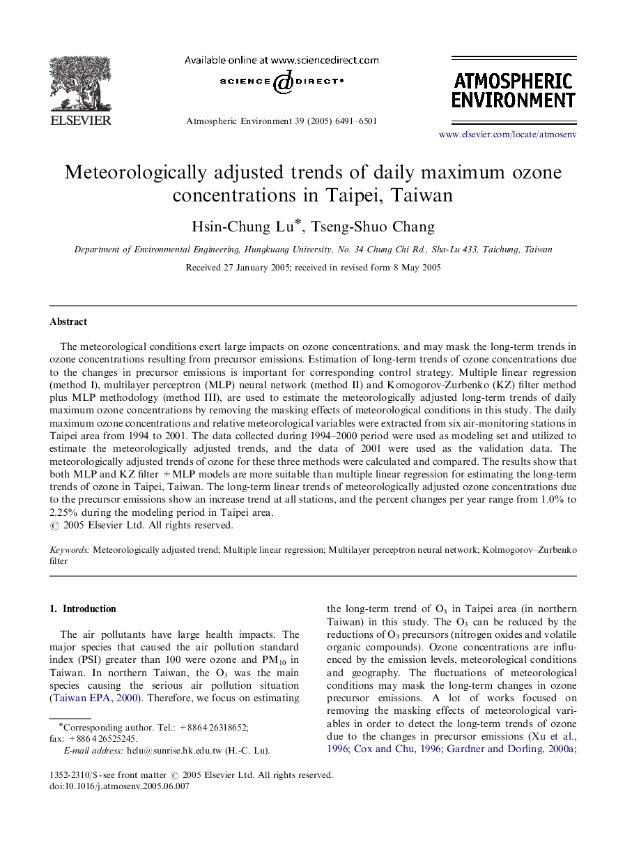 Meteorologically adjusted trends of daily maximum ozone concentrations in Taipei, Taiwan