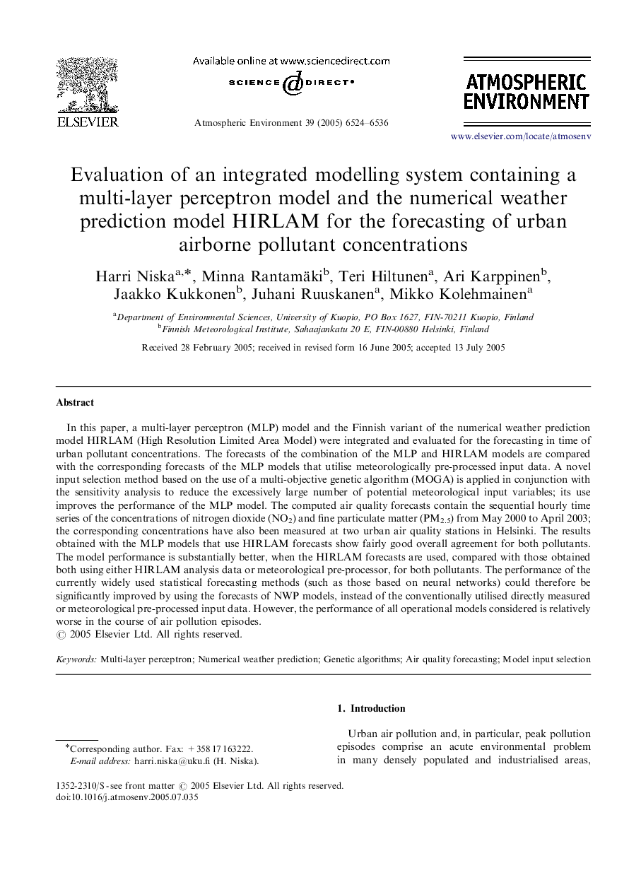 Evaluation of an integrated modelling system containing a multi-layer perceptron model and the numerical weather prediction model HIRLAM for the forecasting of urban airborne pollutant concentrations