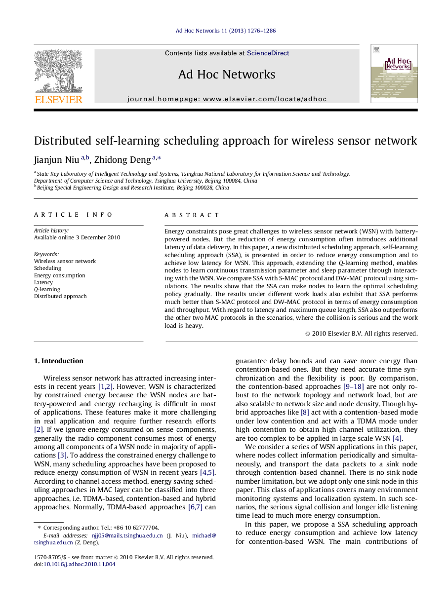 Distributed self-learning scheduling approach for wireless sensor network