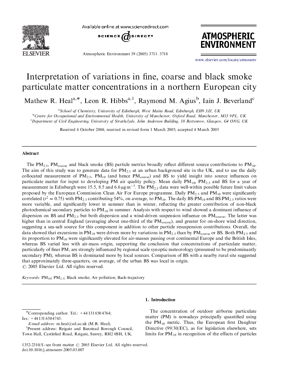 Interpretation of variations in fine, coarse and black smoke particulate matter concentrations in a northern European city