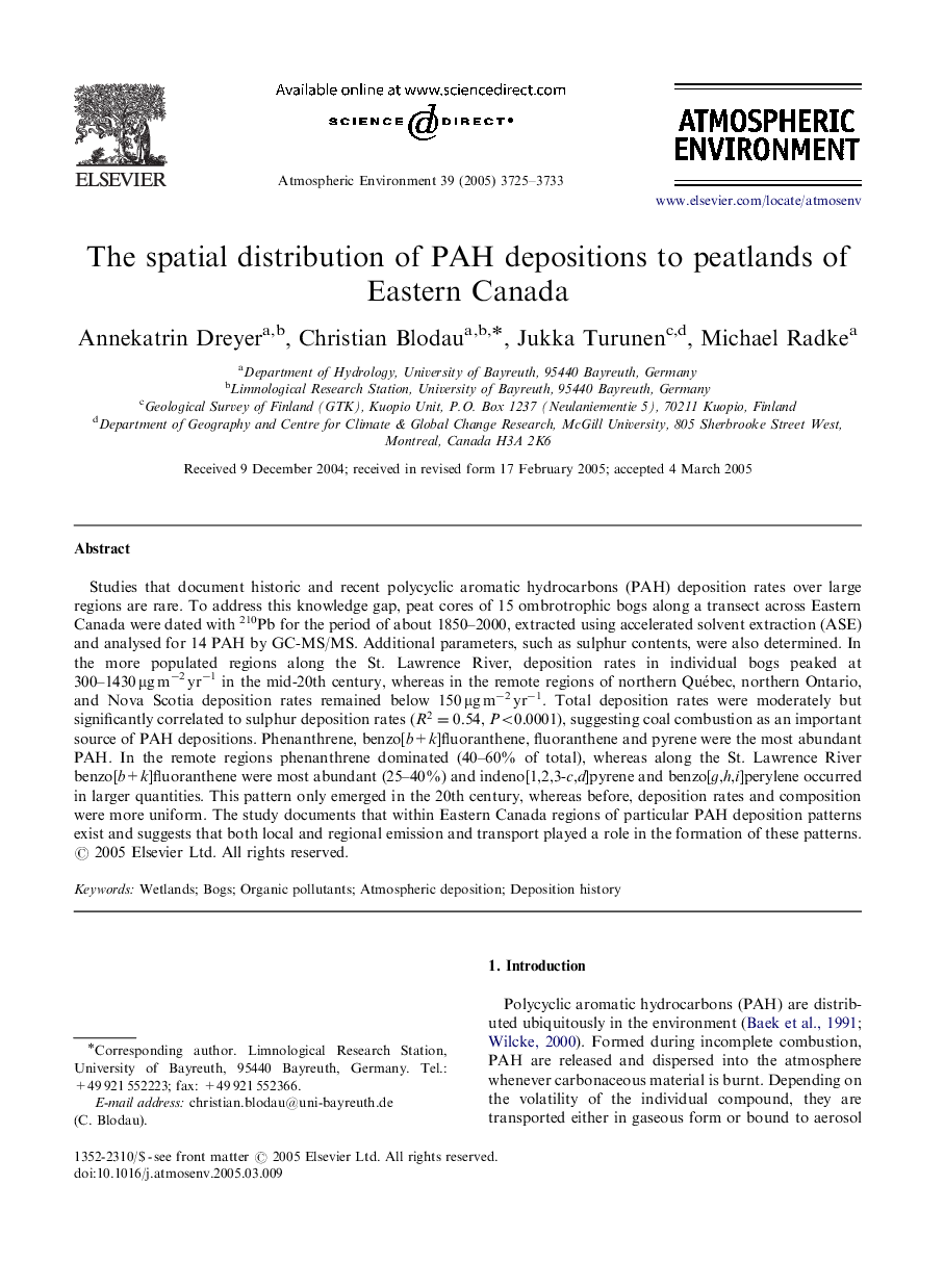 The spatial distribution of PAH depositions to peatlands of Eastern Canada