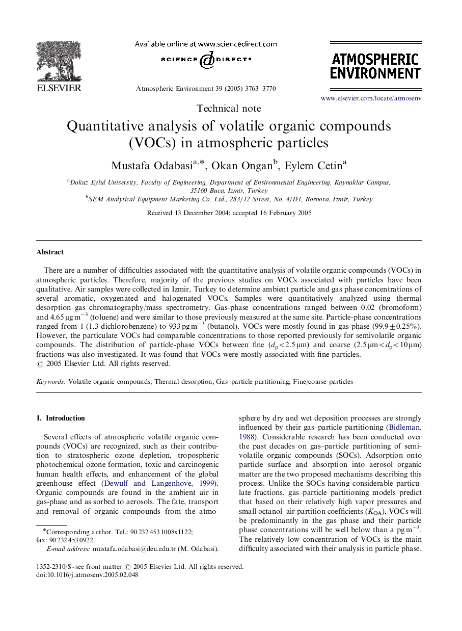 Quantitative analysis of volatile organic compounds (VOCs) in atmospheric particles