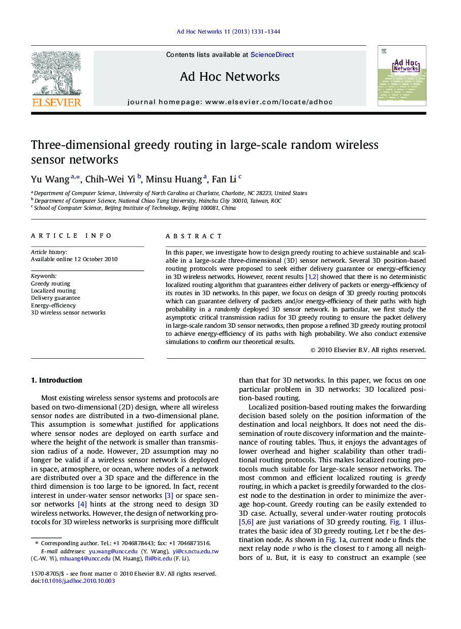 Three-dimensional greedy routing in large-scale random wireless sensor networks