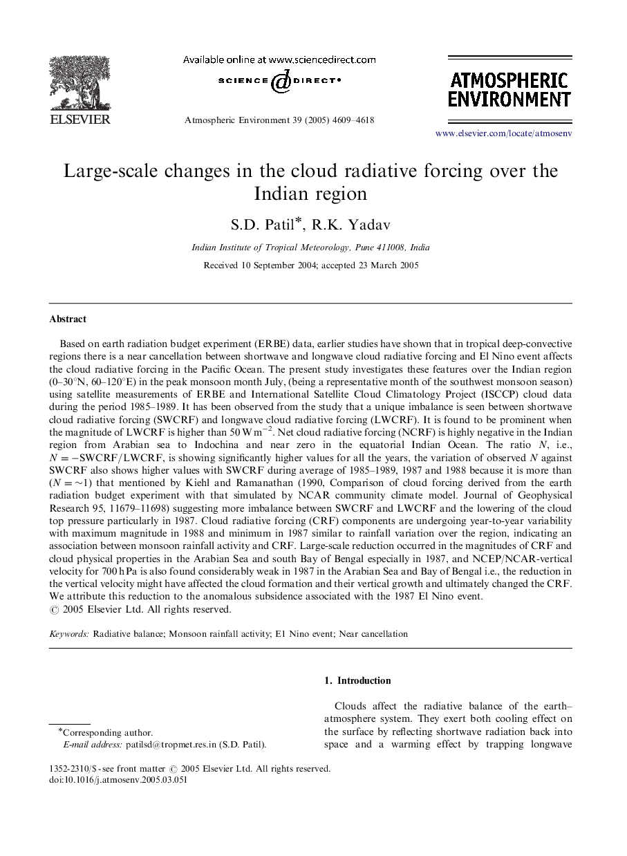 Large-scale changes in the cloud radiative forcing over the Indian region