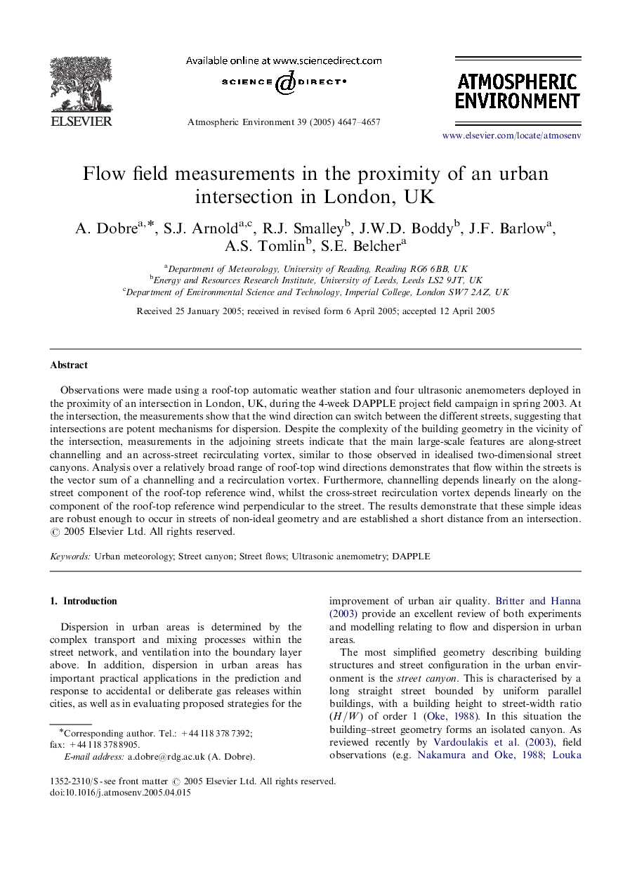 Flow field measurements in the proximity of an urban intersection in London, UK