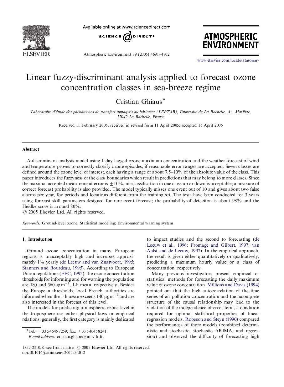 Linear fuzzy-discriminant analysis applied to forecast ozone concentration classes in sea-breeze regime