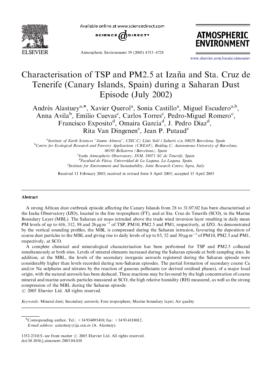 Characterisation of TSP and PM2.5 at Izaña and Sta. Cruz de Tenerife (Canary Islands, Spain) during a Saharan Dust Episode (July 2002)