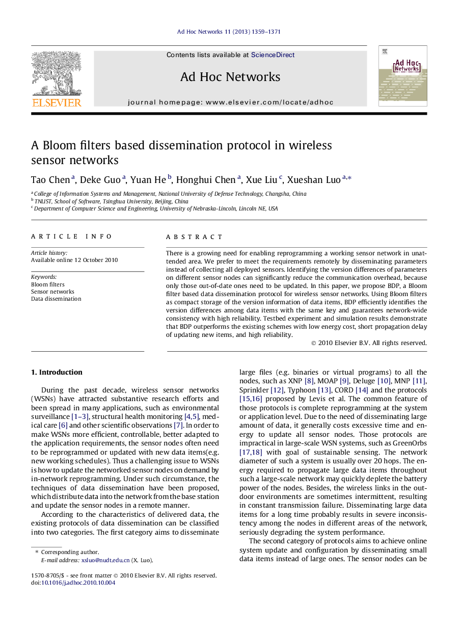 A Bloom filters based dissemination protocol in wireless sensor networks