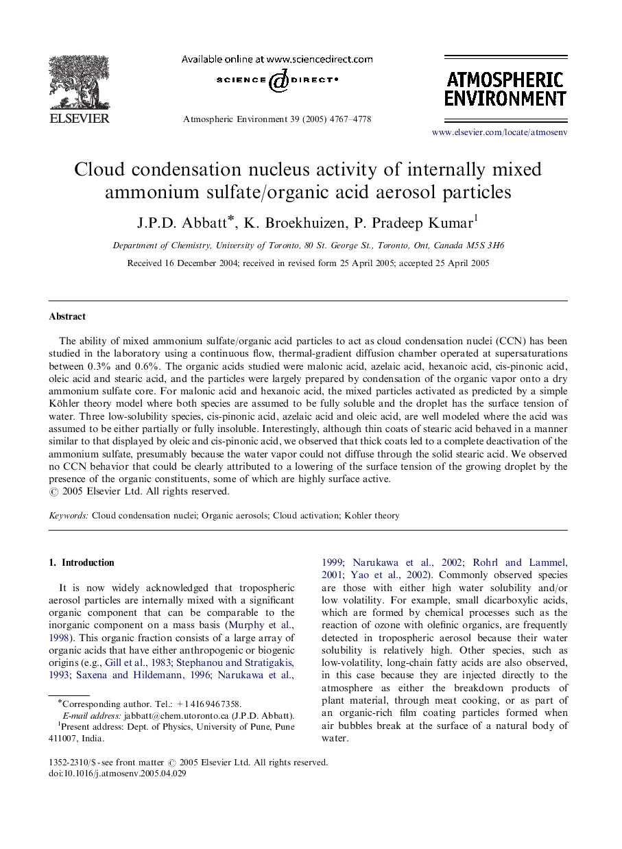 Cloud condensation nucleus activity of internally mixed ammonium sulfate/organic acid aerosol particles