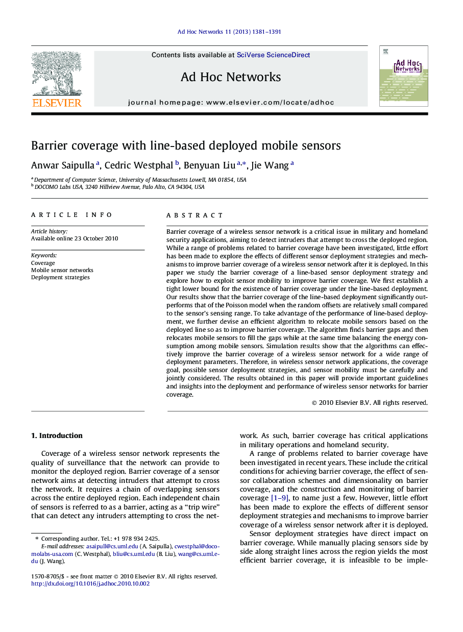 Barrier coverage with line-based deployed mobile sensors