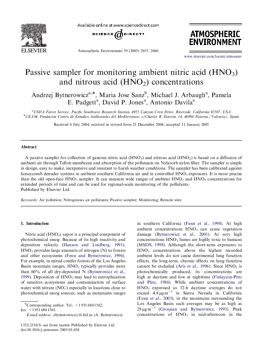 Passive sampler for monitoring ambient nitric acid (HNO3) and nitrous acid (HNO2) concentrations